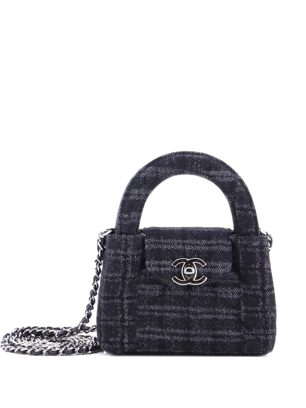 Pre-owned Chanel Kelly Top Handle Shopping Bag Quilted Printed Denim Nano Satchel In Black