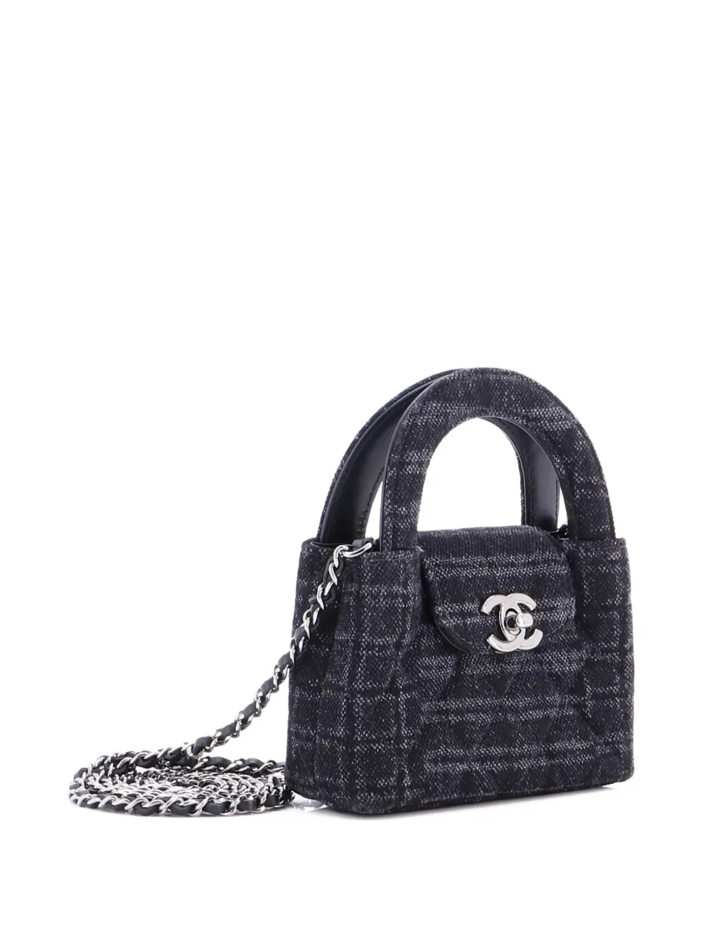 Pre-owned Chanel Kelly Top Handle Shopping Bag Quilted Printed Denim Nano Satchel In Black