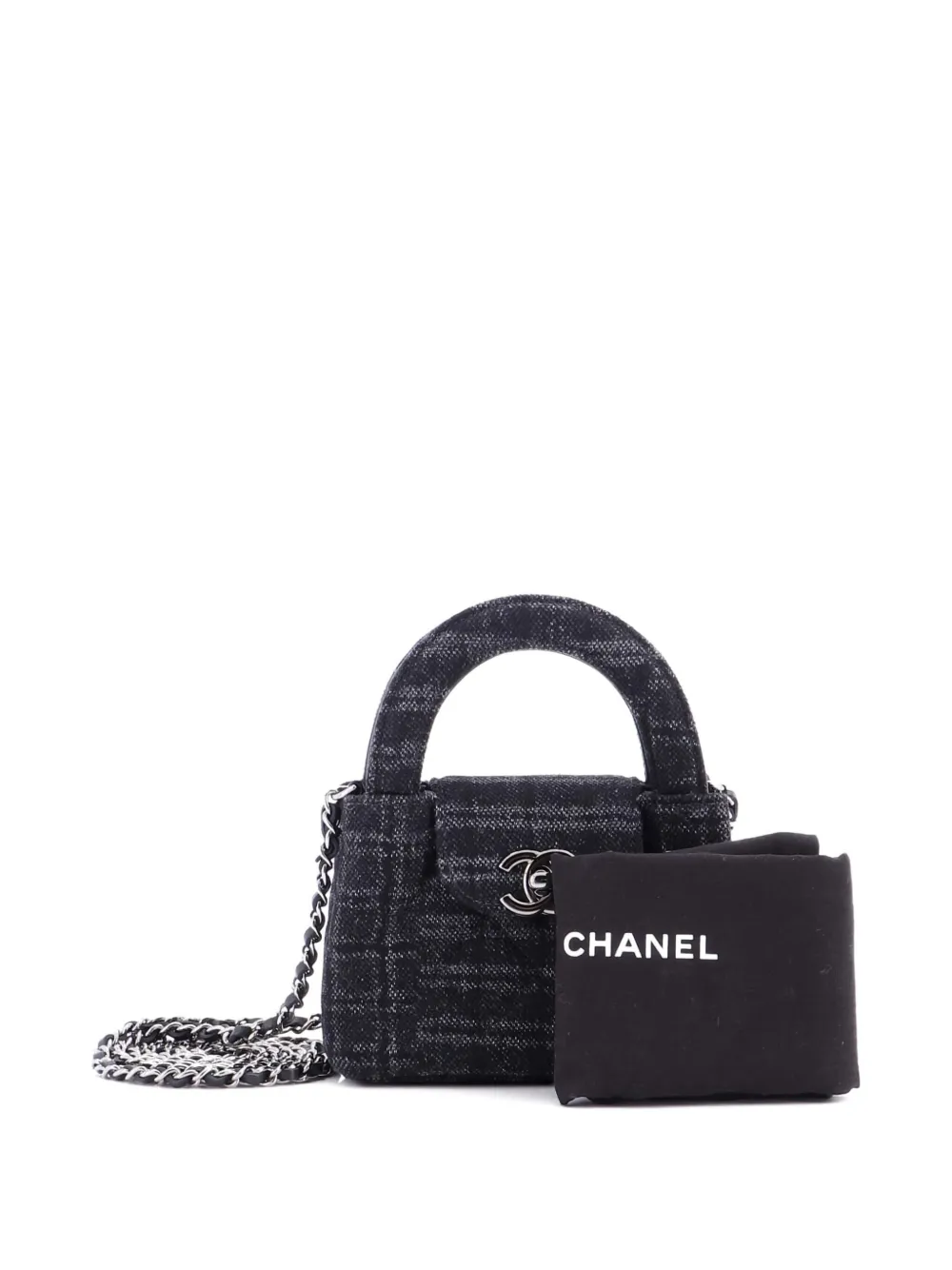 Pre-owned Chanel Kelly Top Handle Shopping Bag Quilted Printed Denim Nano Satchel In Black
