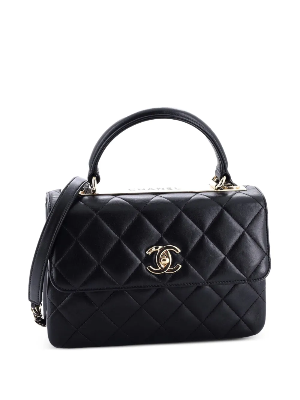 Pre-owned Chanel Trendy Cc Top Handle Bag Quilted Lambskin Small Shoulder Bag In Black