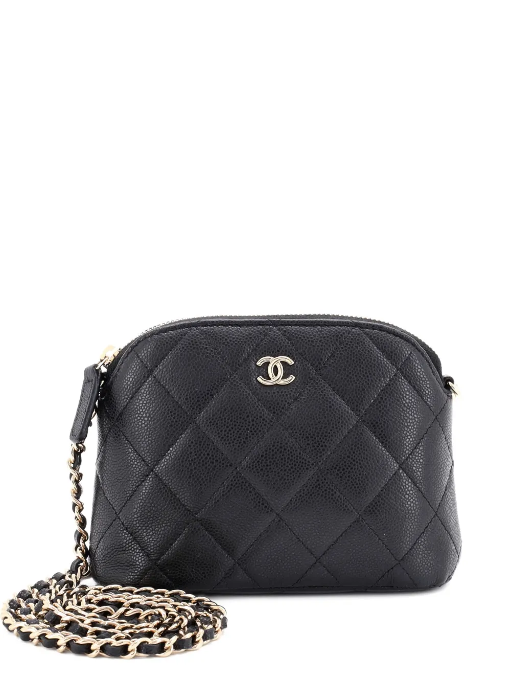 CHANEL Pre-Owned CC Dome Zip Clutch with Chain Quilted Caviar Mini CHANEL Pre-Owned CC Dome Zip Clutch with Chain Quilted Caviar Mini