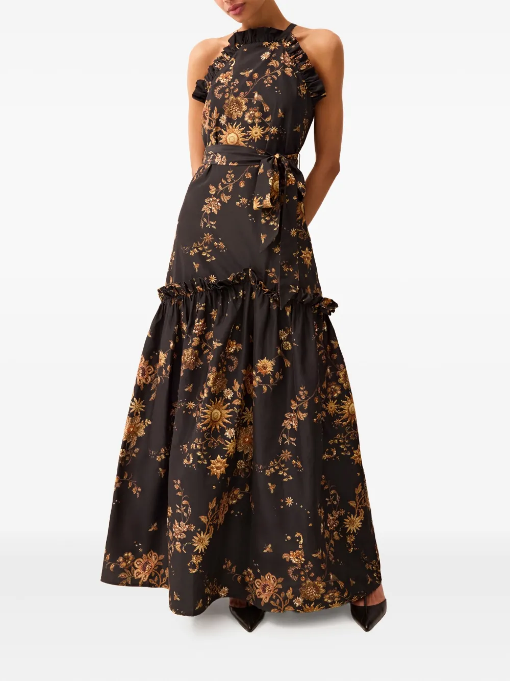 Marie Oliver Keenan Ruffled Floral Maxi Dress In Black