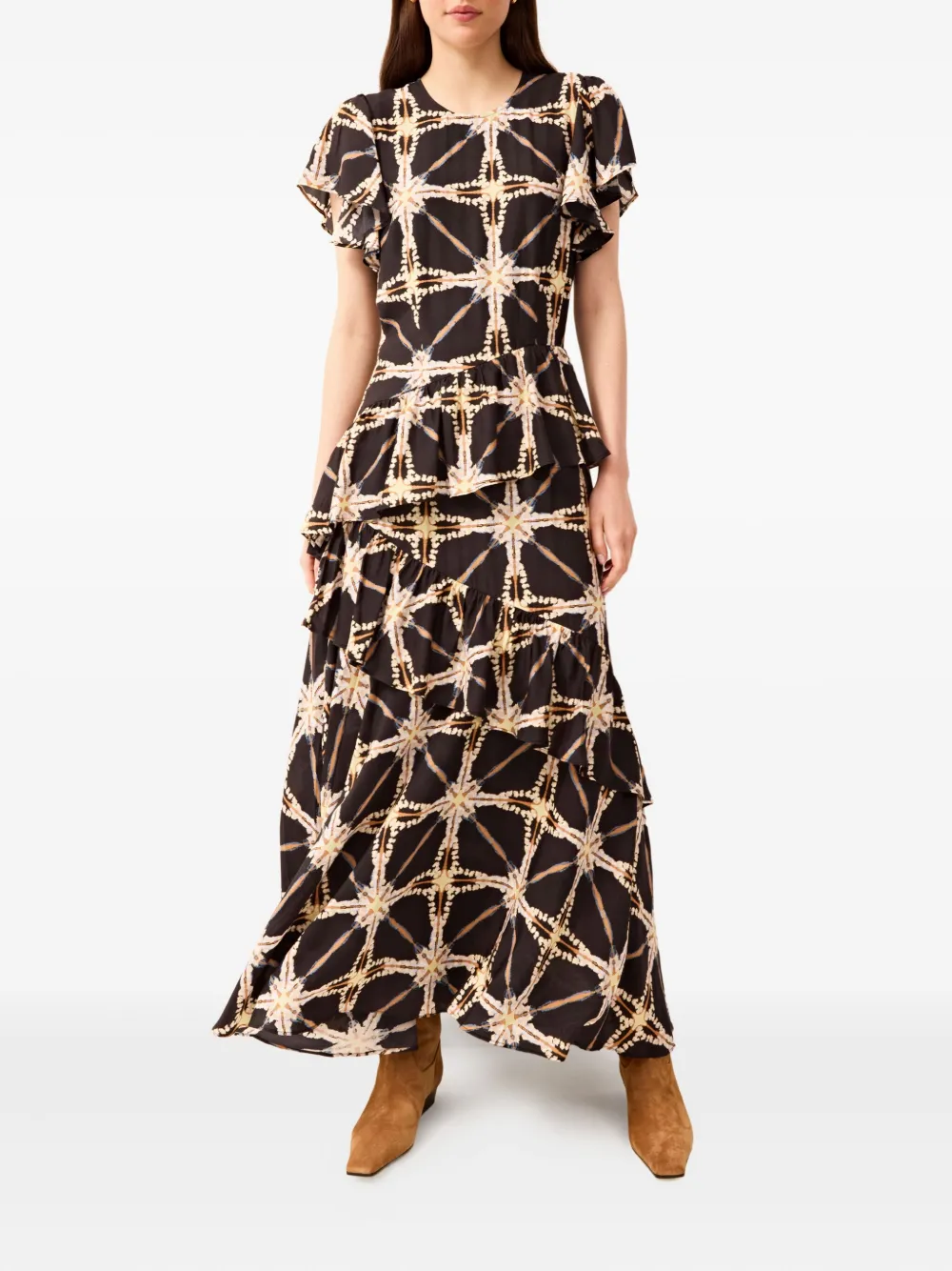 Marie Oliver Quinby gelaagde midi-jurk met ruches - Zwart