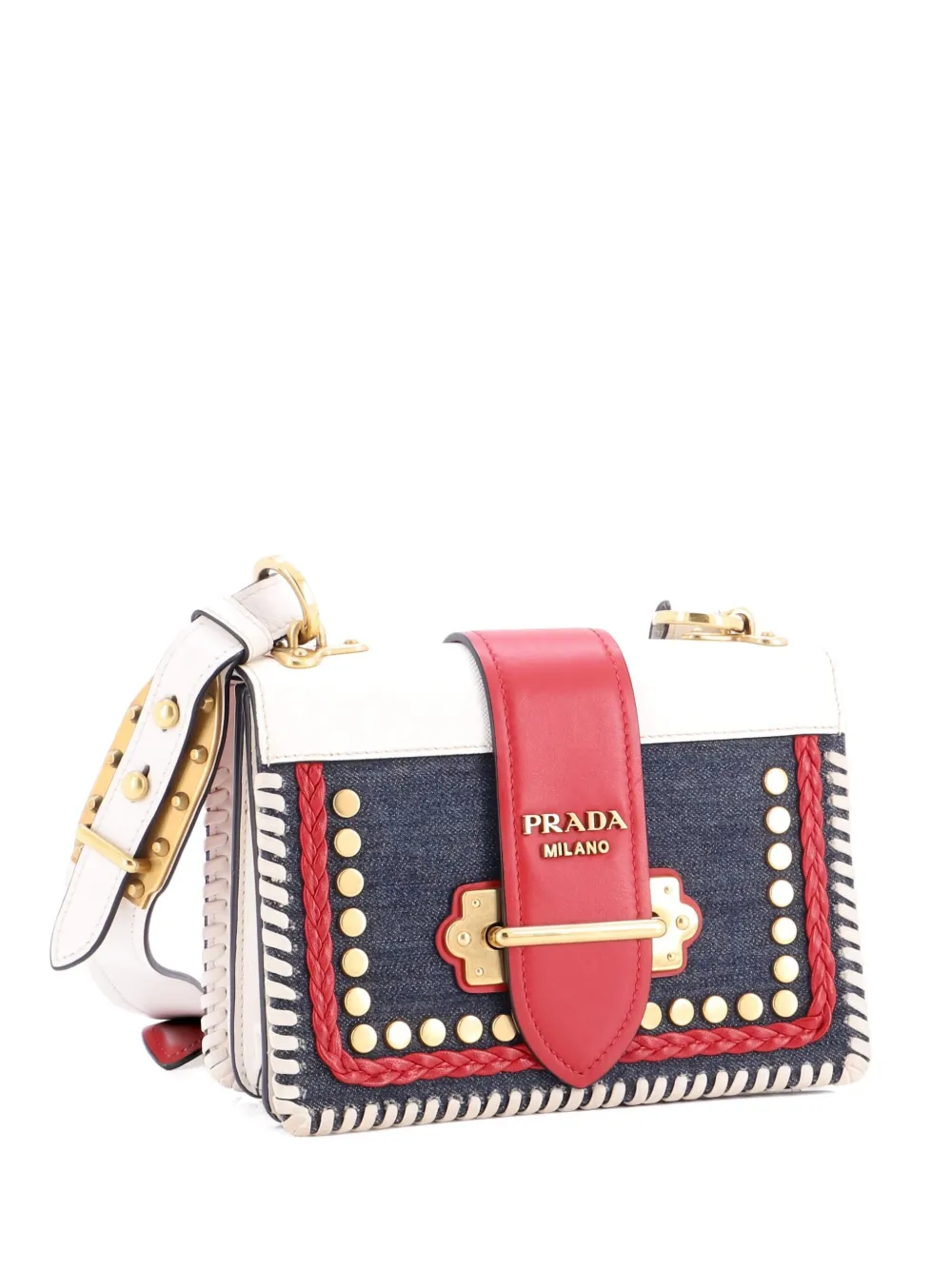 Prada Pre-Owned Cahier Embellished Denim and Leather Small crossbody Prada Pre-Owned Cahier Embellished Denim and Leather Small crossbody