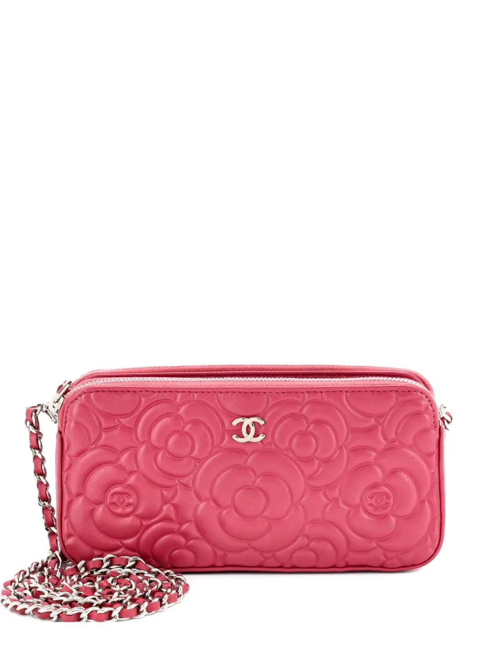 CHANEL Pre-Owned Double Zip Clutch with Chain Camellia Lambskin crossbody bag - Rosa