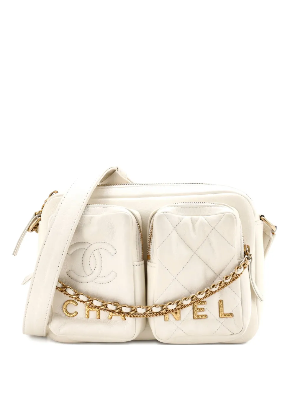 CHANEL Pre-Owned Logo Twin Pockets Chain Camera Case Quilted Calfskin Small shoulder bag - Bianco