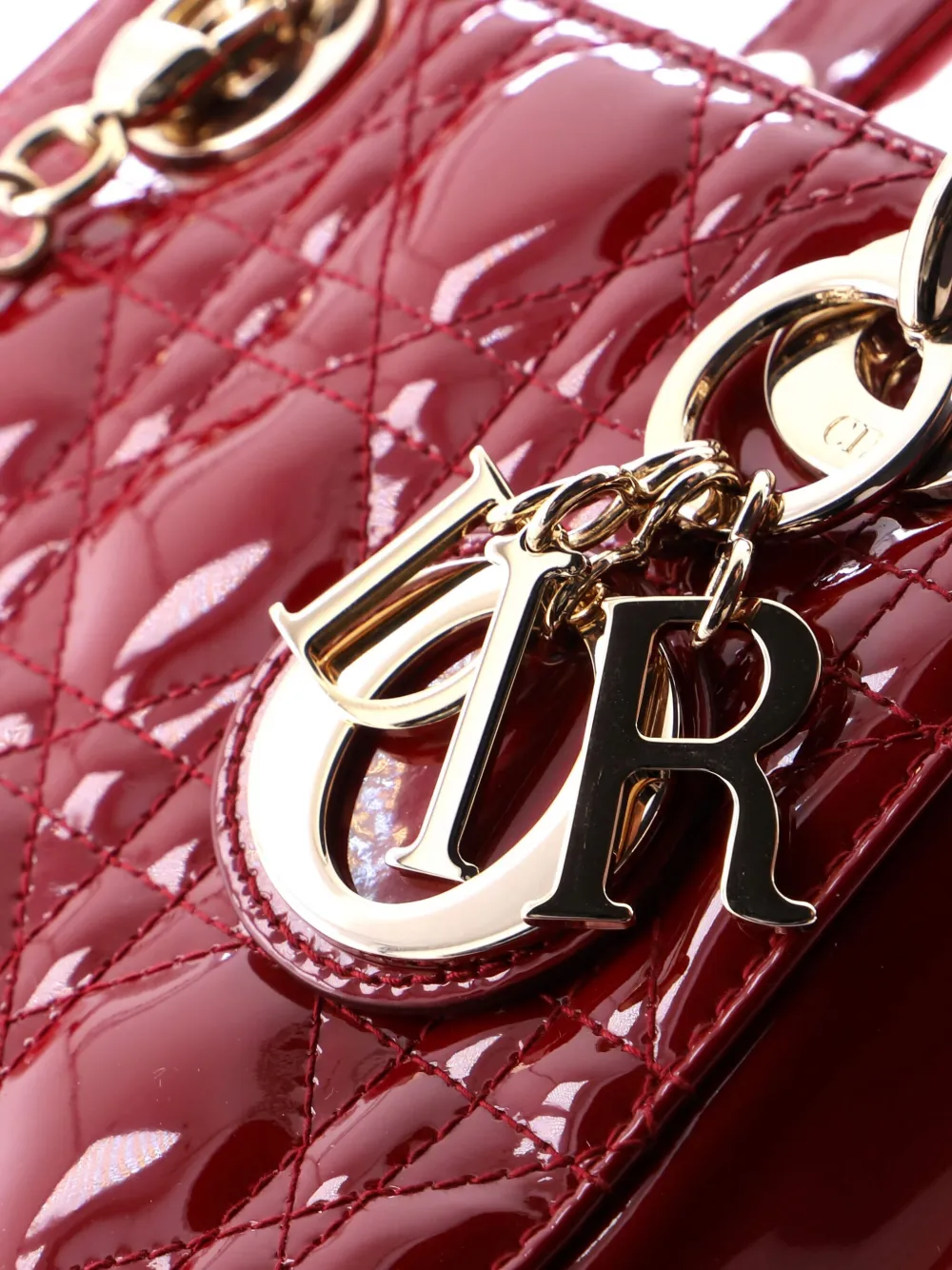 Pre-owned Dior Lady  Chain Bag Cannage Quilt Patent Mini Satchel In Red