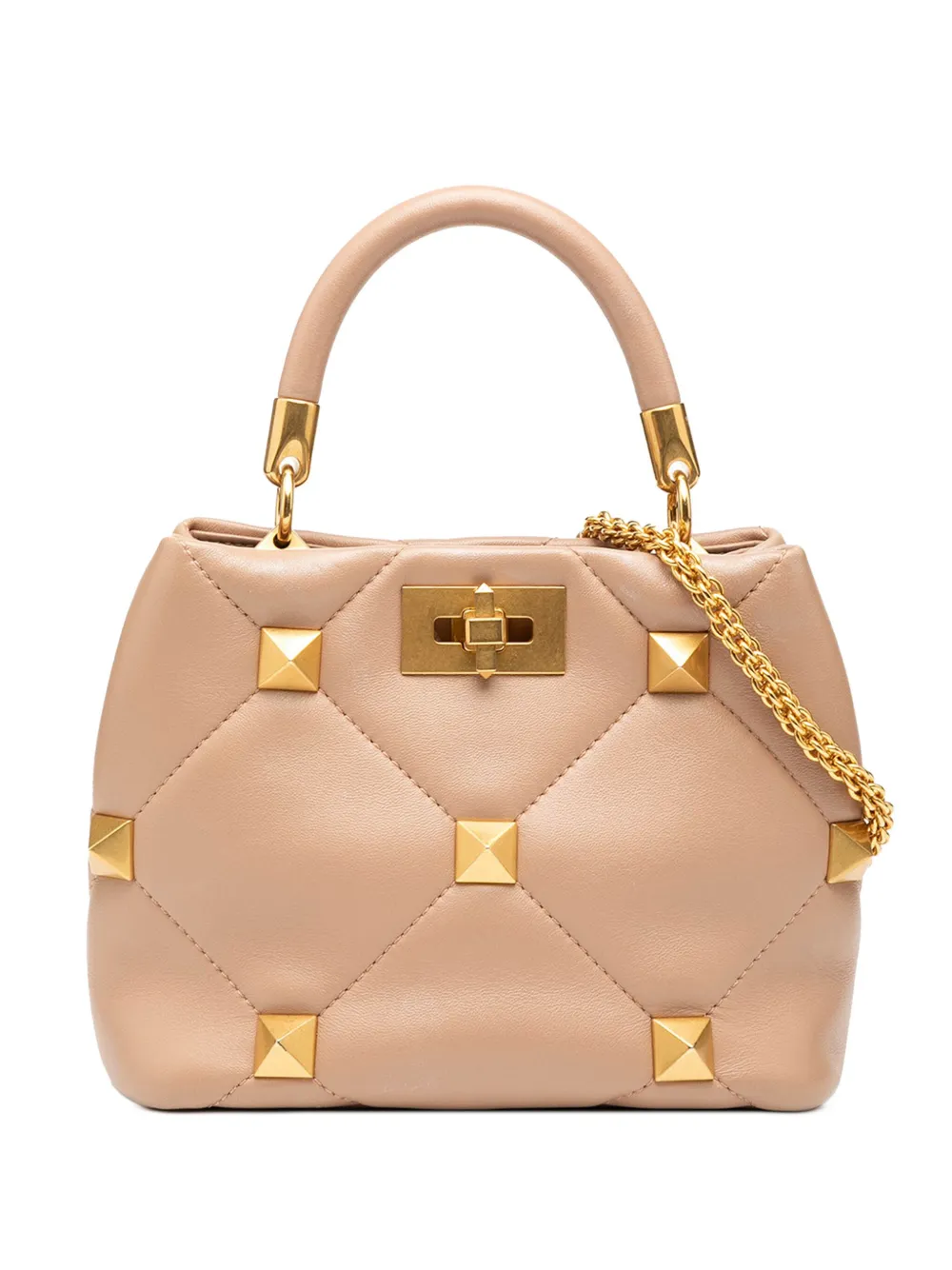 Pre-owned Valentino Garavani 2018-2025 Small Nappa Roman Stud The Handle Bag Satchel In Brown