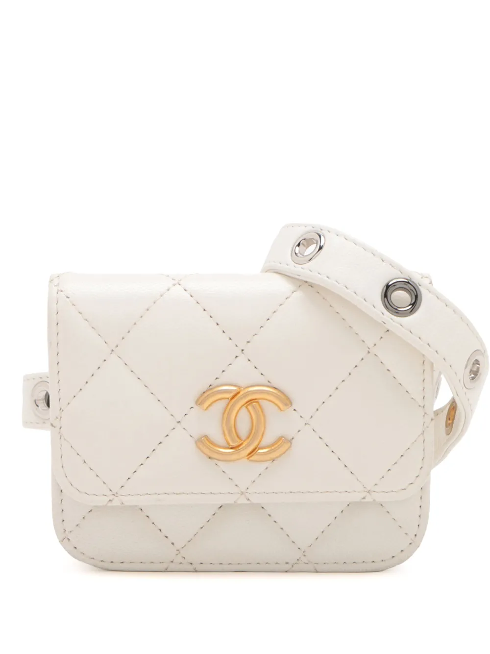 Pre-owned Chanel 2021 Quilted Lamsbskin Punk Essentials Chain Flap Belt Bag In White
