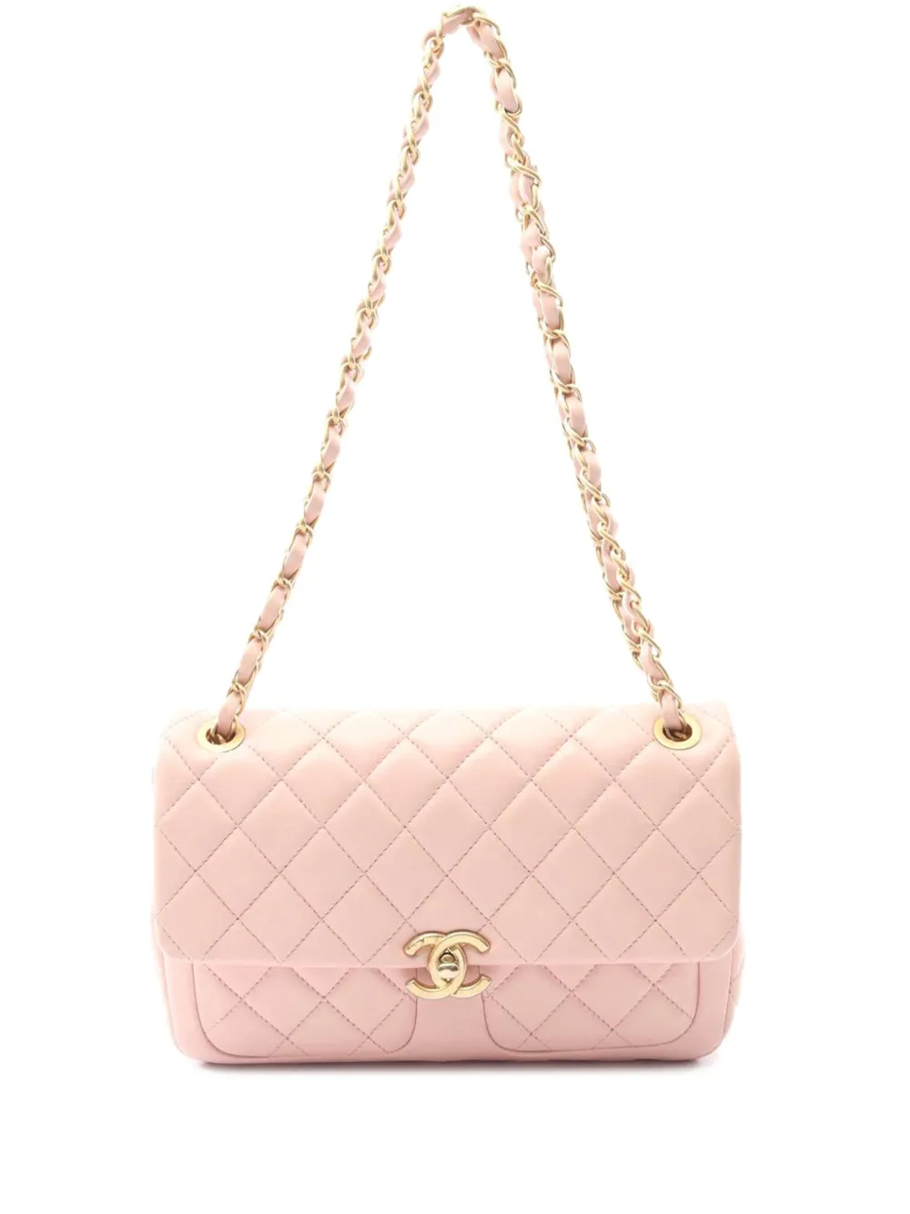 Pre-owned Chanel 2021-2025 Cc Quilted Lambskin Front Pocket Single Flap Shoulder Bag In Pink