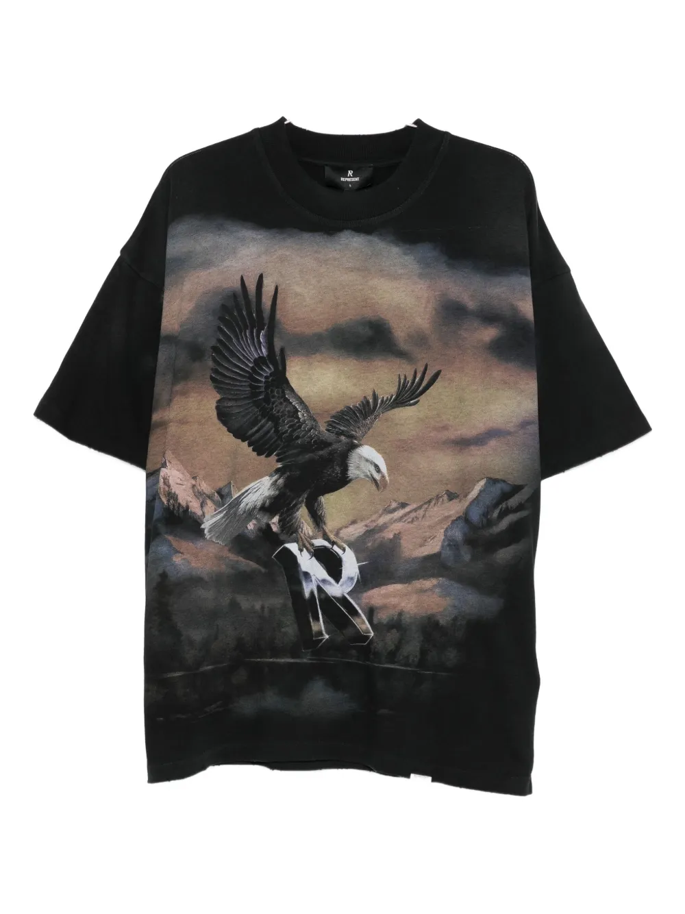 Represent Black Crewneck T-shirt With Maxi Graphic Print On Front And Rear In Cotton Blend Man In Black