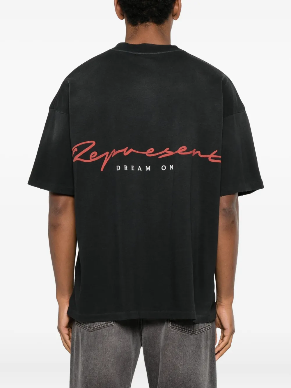 Represent Black Crewneck T-shirt With Maxi Graphic Print On Front And Rear In Cotton Blend Man In Black