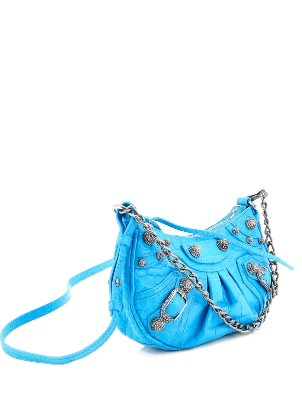 Pre-owned Balenciaga Le Cagole Giant Studs Chain Crocodile Embossed Leather With Crystals Mini Shoulder Bag In Blue