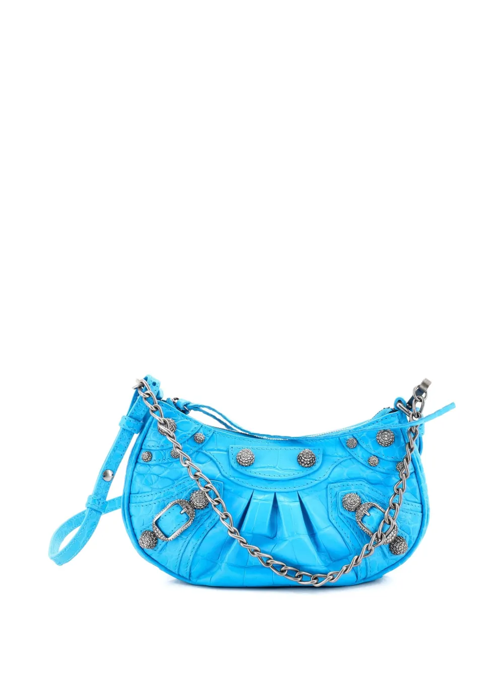 Pre-owned Balenciaga Le Cagole Giant Studs Chain Crocodile Embossed Leather With Crystals Mini Shoulder Bag In Blue