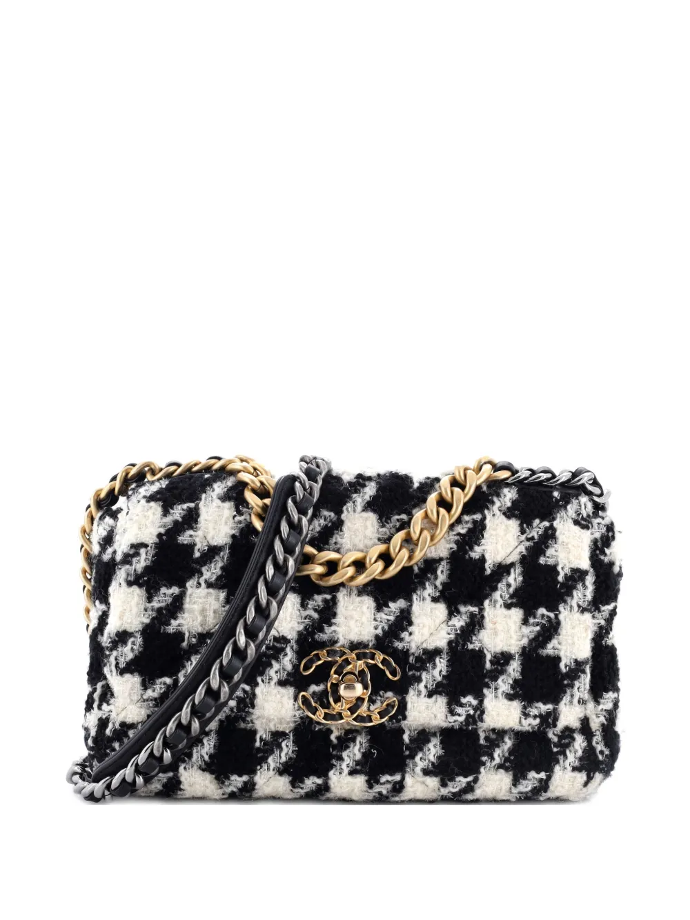 CHANEL Pre-Owned 19 Flap Bag Quilted Houndstooth Tweed and Ribbon