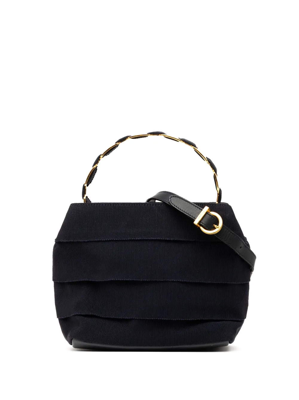 Pre-owned Ferragamo 2015 Nylon Tiered Grosgrain Vara Satchel In Black