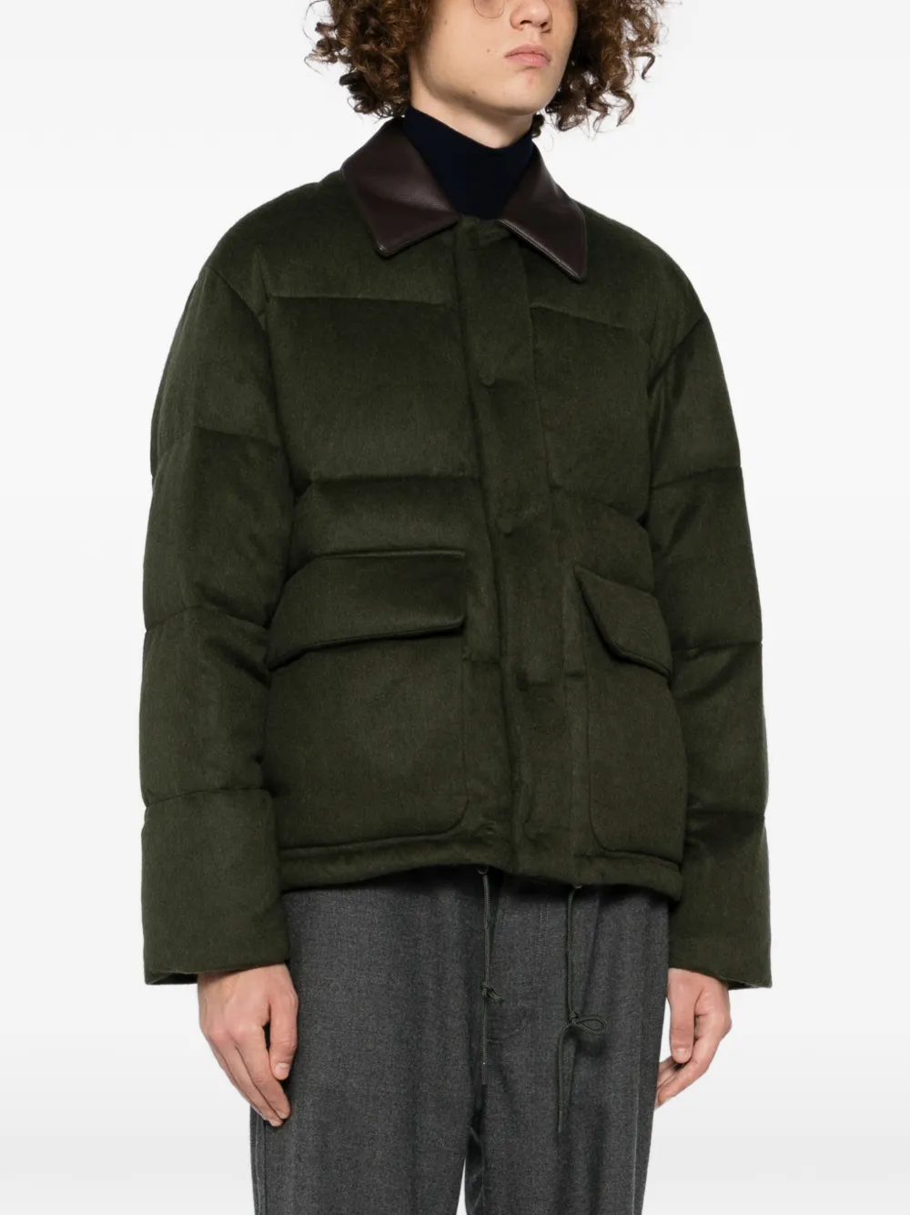 Auralee Camel Flannel Down Jacket In Green