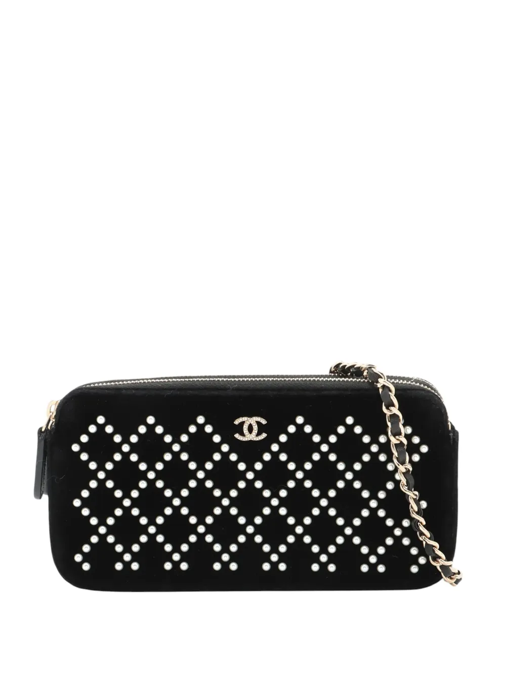 CHANEL Pre-Owned 2017-2018 Velour Pearl Embellished Double Zip Clutch CHANEL Pre-Owned 2017-2018 Velour Pearl Embellished Double Zip Clutch