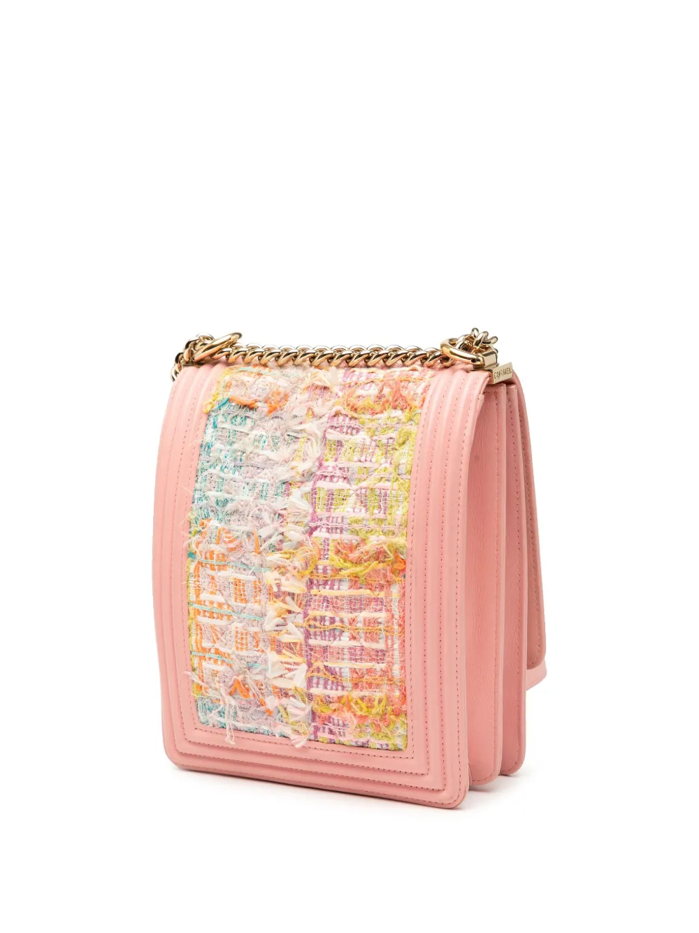 Pre-owned Chanel 2014-2015 Quilted Tweed And Calfskin North South Boy Flap Crossbody Bag In Pink