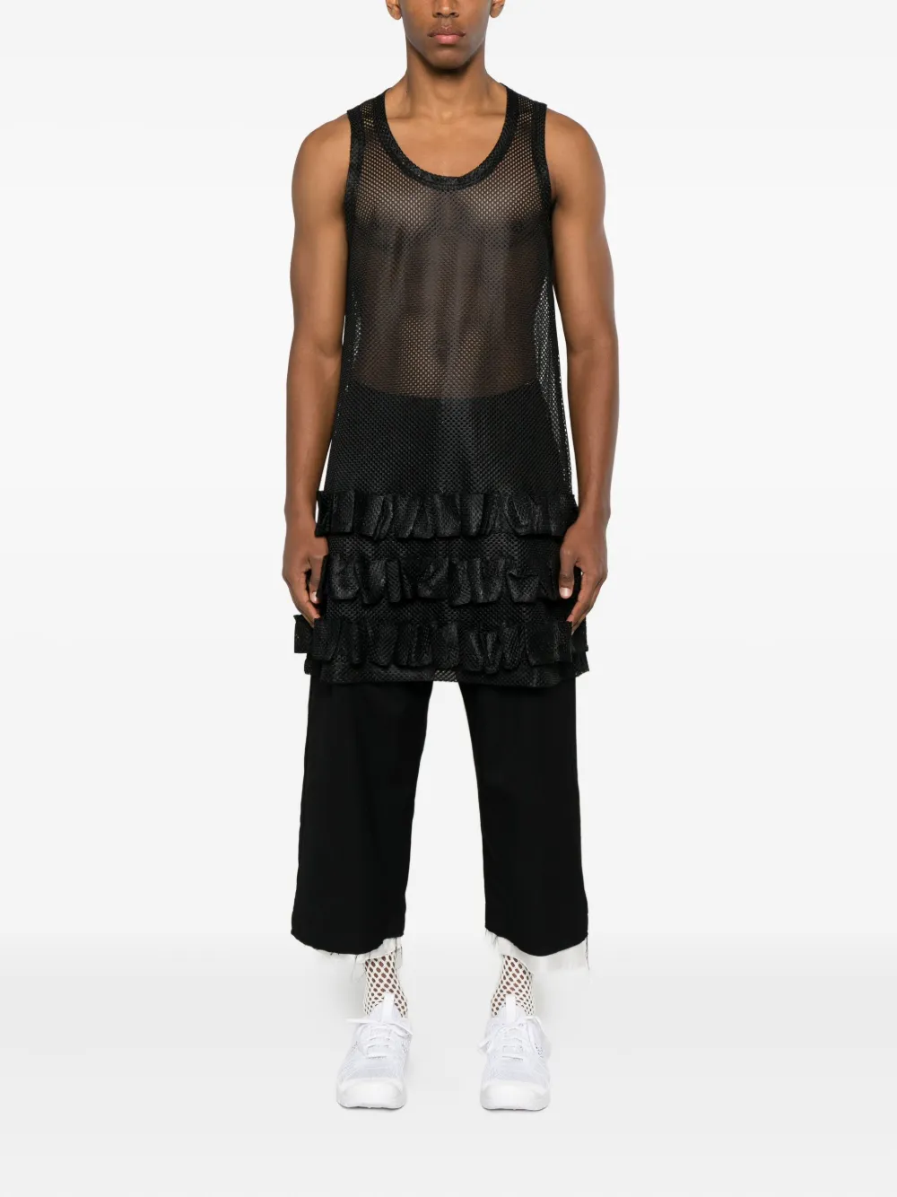 Comme des Garçons Homme Plus Mesh tanktop met ruches - Zwart