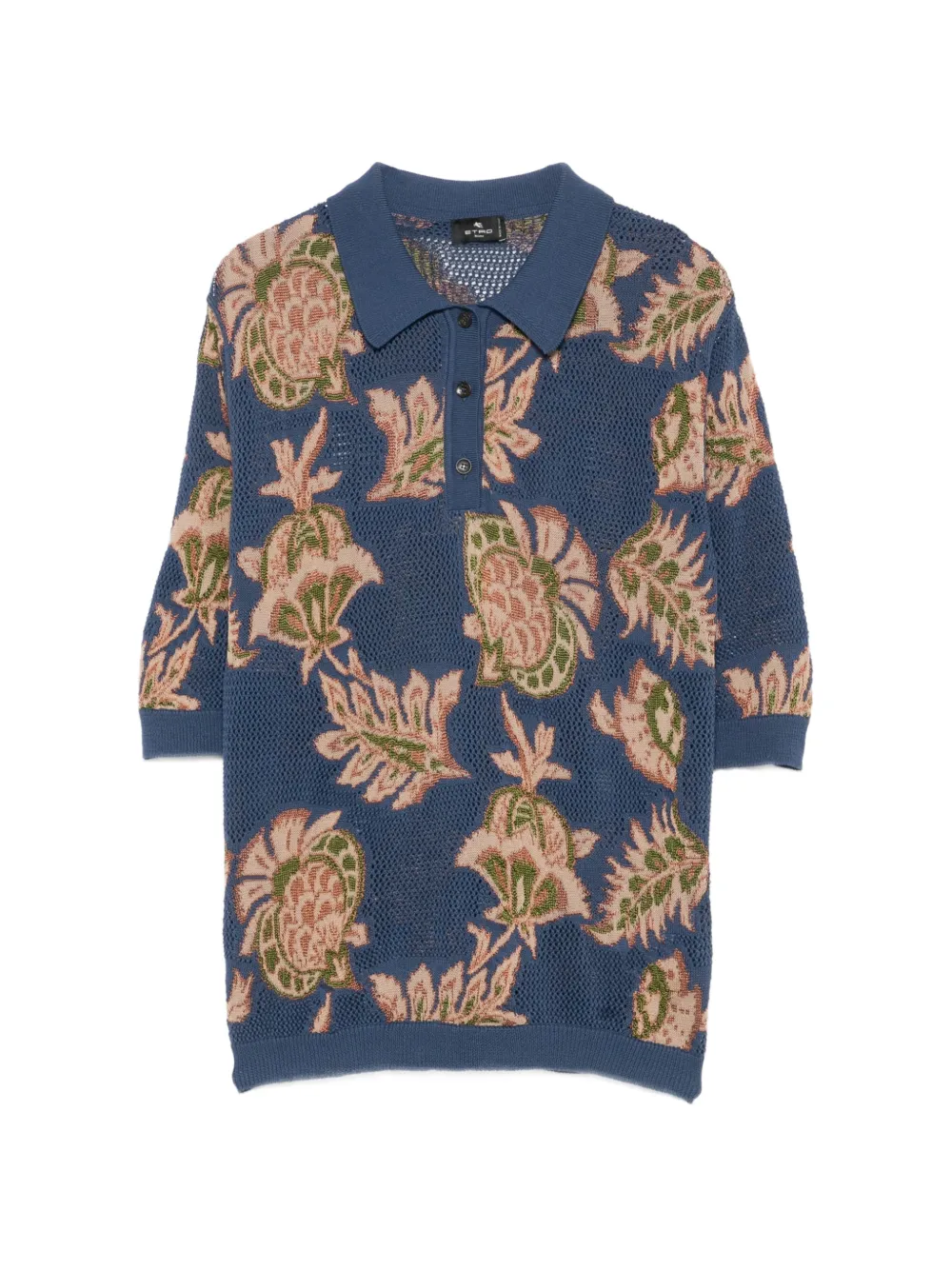 ETRO floral-intarsia mesh-knit polo top - Blu