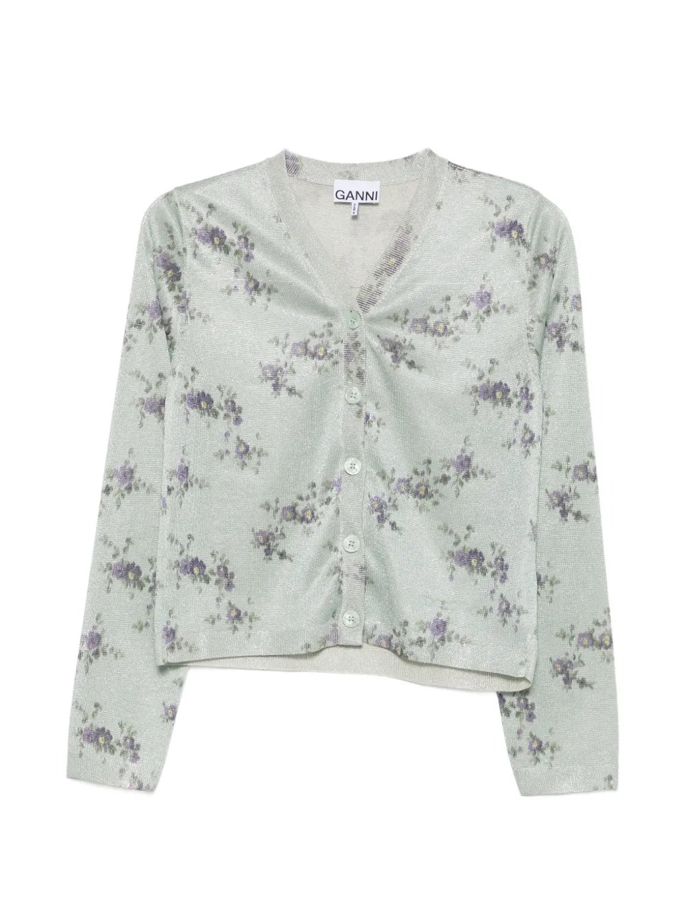 GANNI floral-print metallic-effect cardigan - Grün