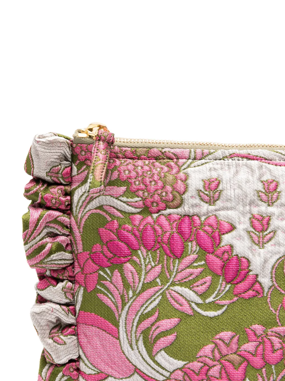 La DoubleJ Clutch met geborduurde bloemen en ruches Groen