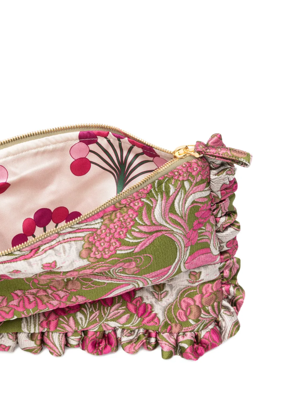 La DoubleJ Clutch met geborduurde bloemen en ruches Groen