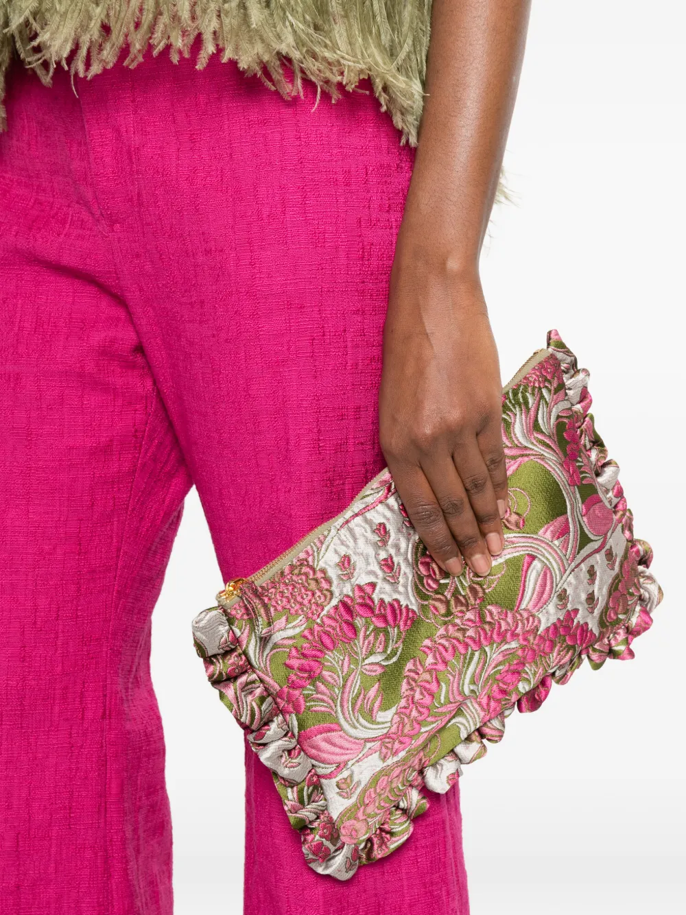  La Doublej Floral-embroidered Ruffled Clutch Bag - Green 