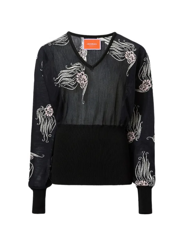 La DoubleJ V-neck Floral Print Sweater in Black