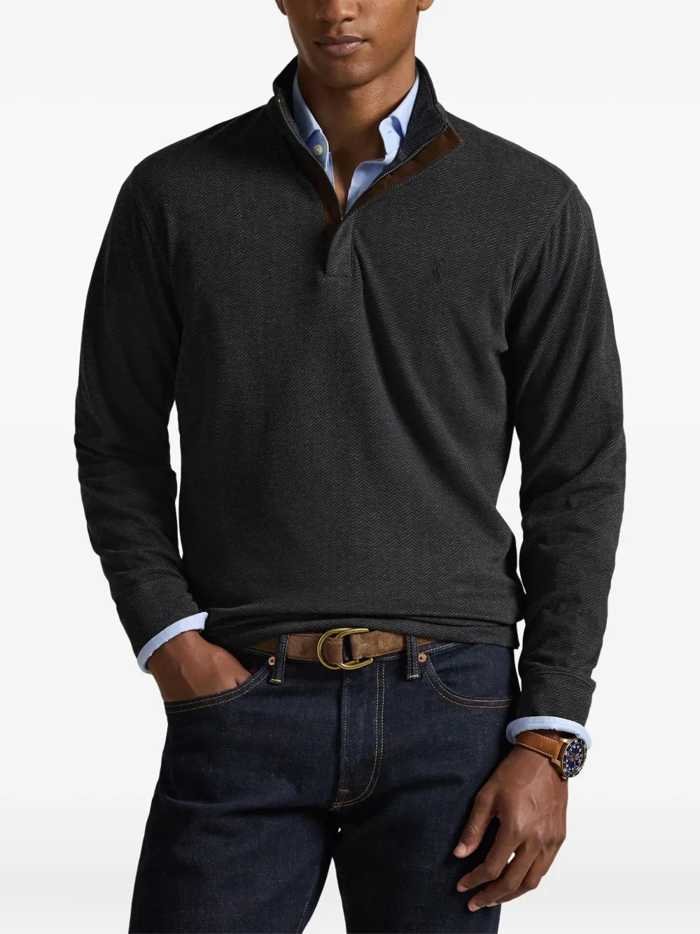 Polo Ralph Lauren Sweater met visgraatpatroon en halve rits Grijs