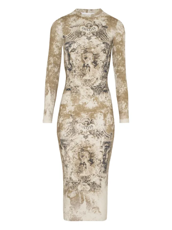 jean paul gaultier midi dress Jean Paul Gaultier Le Medaillon Printed Midi Dress | Neutrals