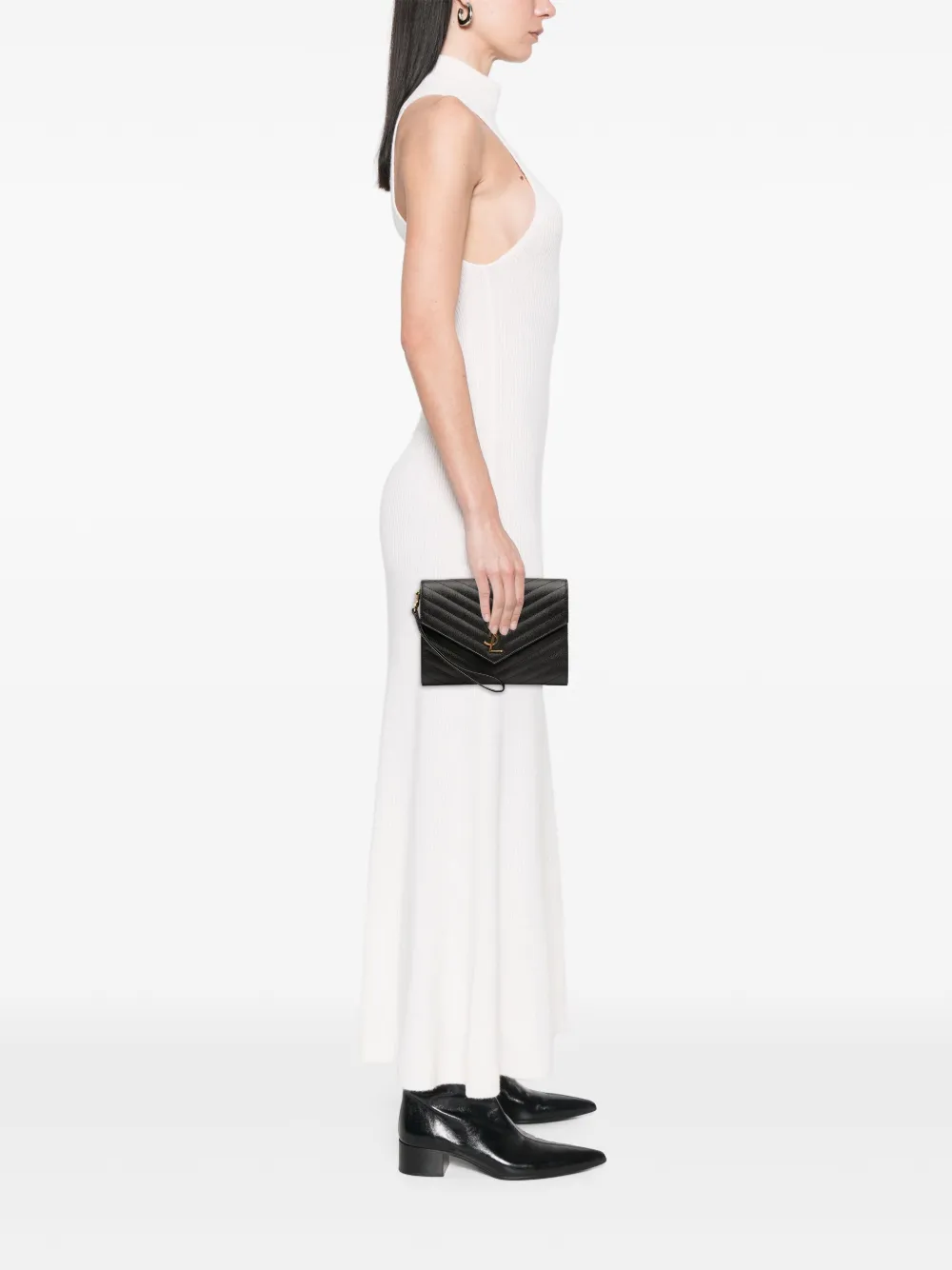 Pre-owned Saint Laurent 2023 Grain De Poudre Matelasse Cassandre Flap Pouch Clutch Bag In Black