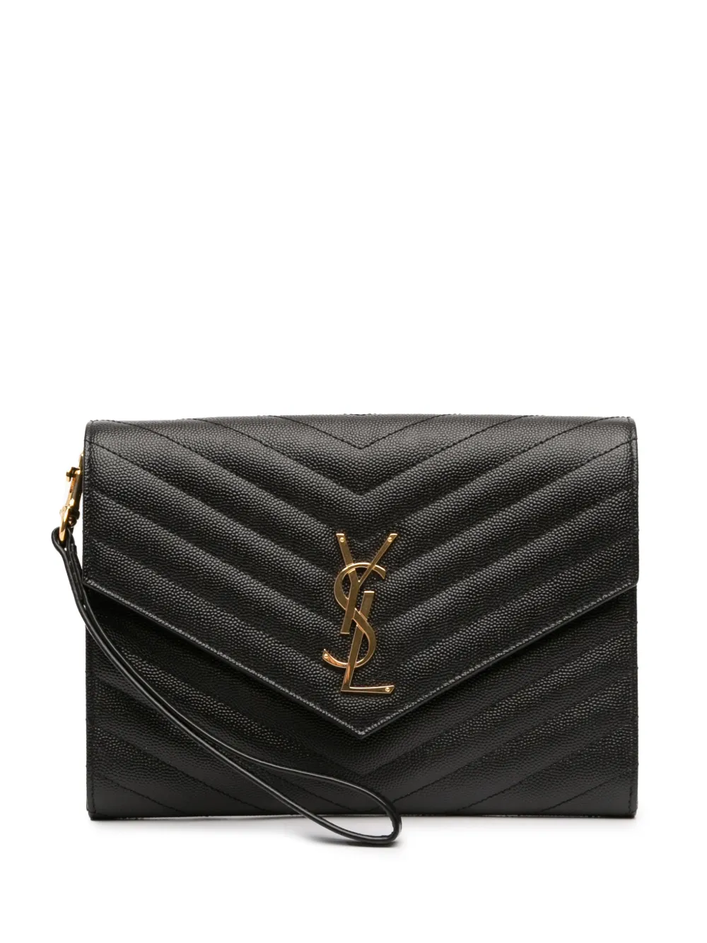 Pre-owned Saint Laurent 2023 Grain De Poudre Matelasse Cassandre Flap Pouch Clutch Bag In Black