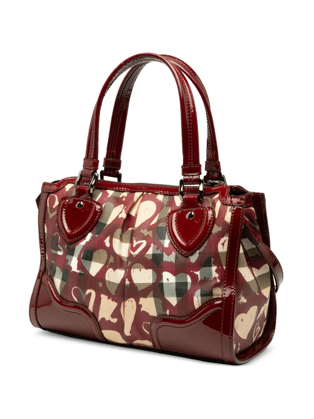  Burberry Pre-owned 2010-2025 Patent Trimmed House Check Coated Canvas Hearts Pilgrim Satchel - Brown 
