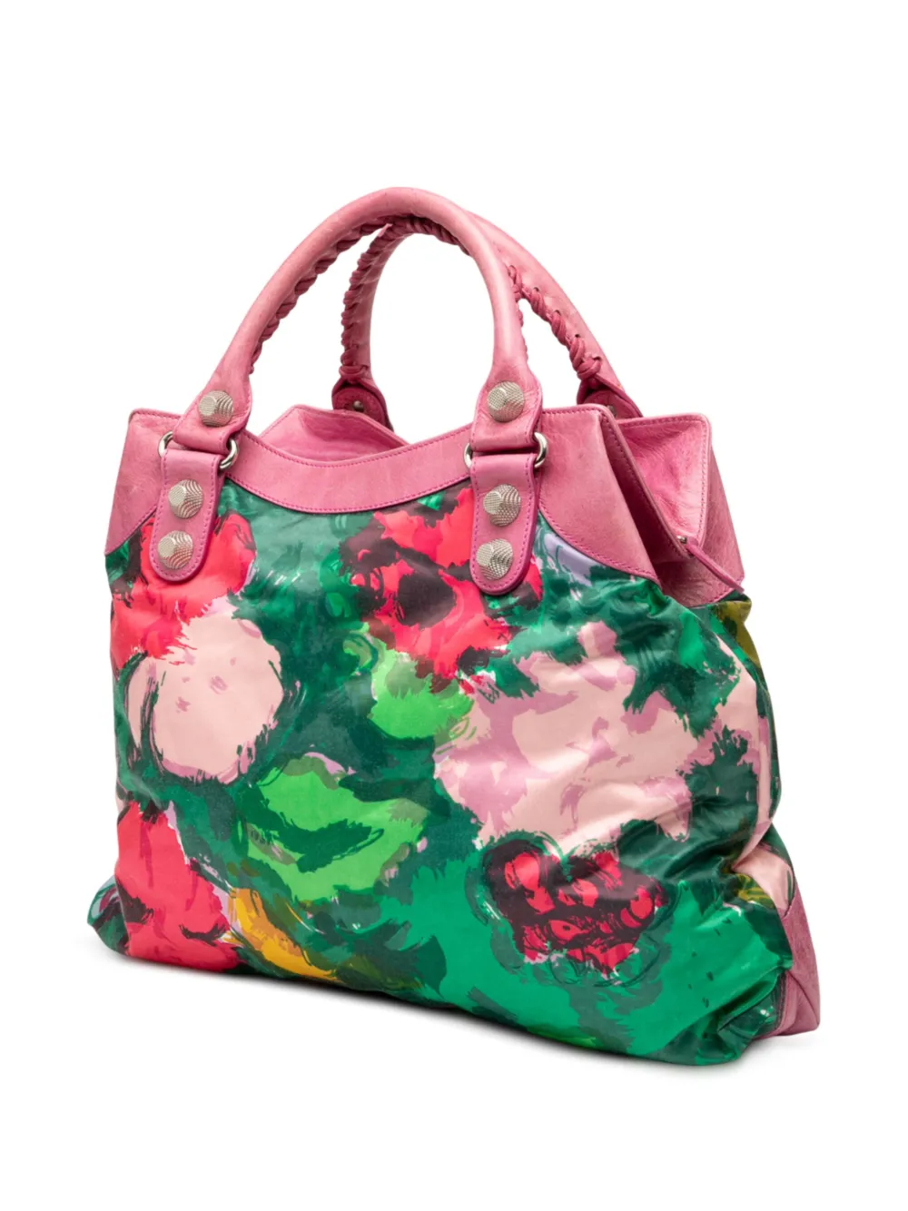 Pre-owned Balenciaga 2005-2025 Lambskin And Satin Floral Print Motocross Giant 21 Brief Satchel In Pink