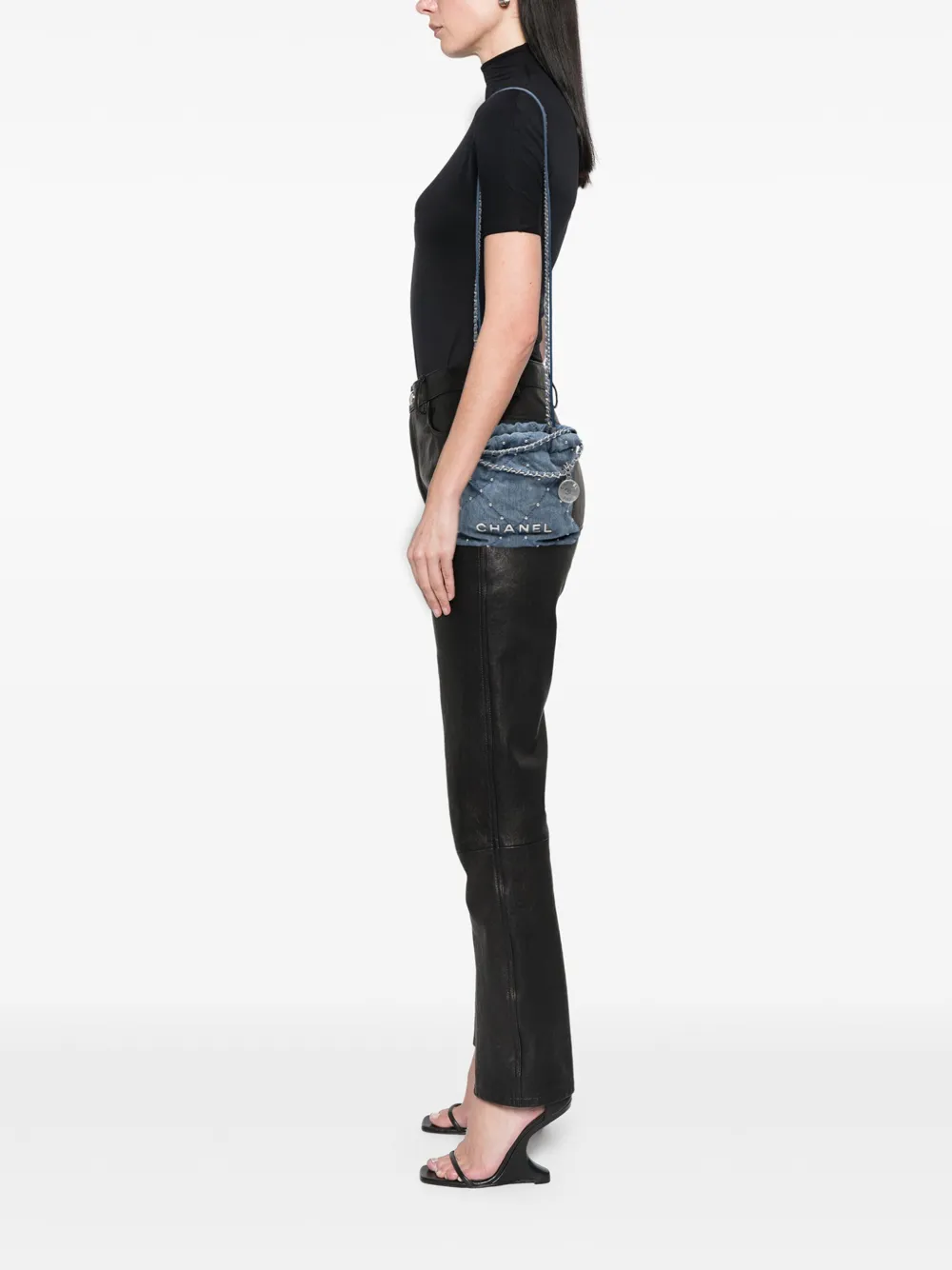 CHANEL Pre-Owned 2021-2025 Mini Denim Studded 22 Handbag satchel | Pre-Owned | Image 2