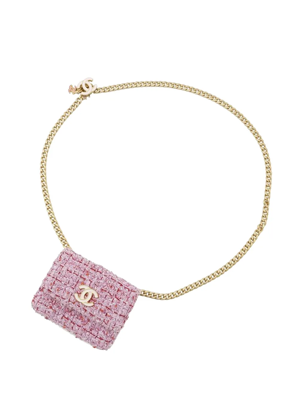 Pre-owned Chanel 2021 Cc Quilted Tweed Flap Chain Belt Bag In Pink