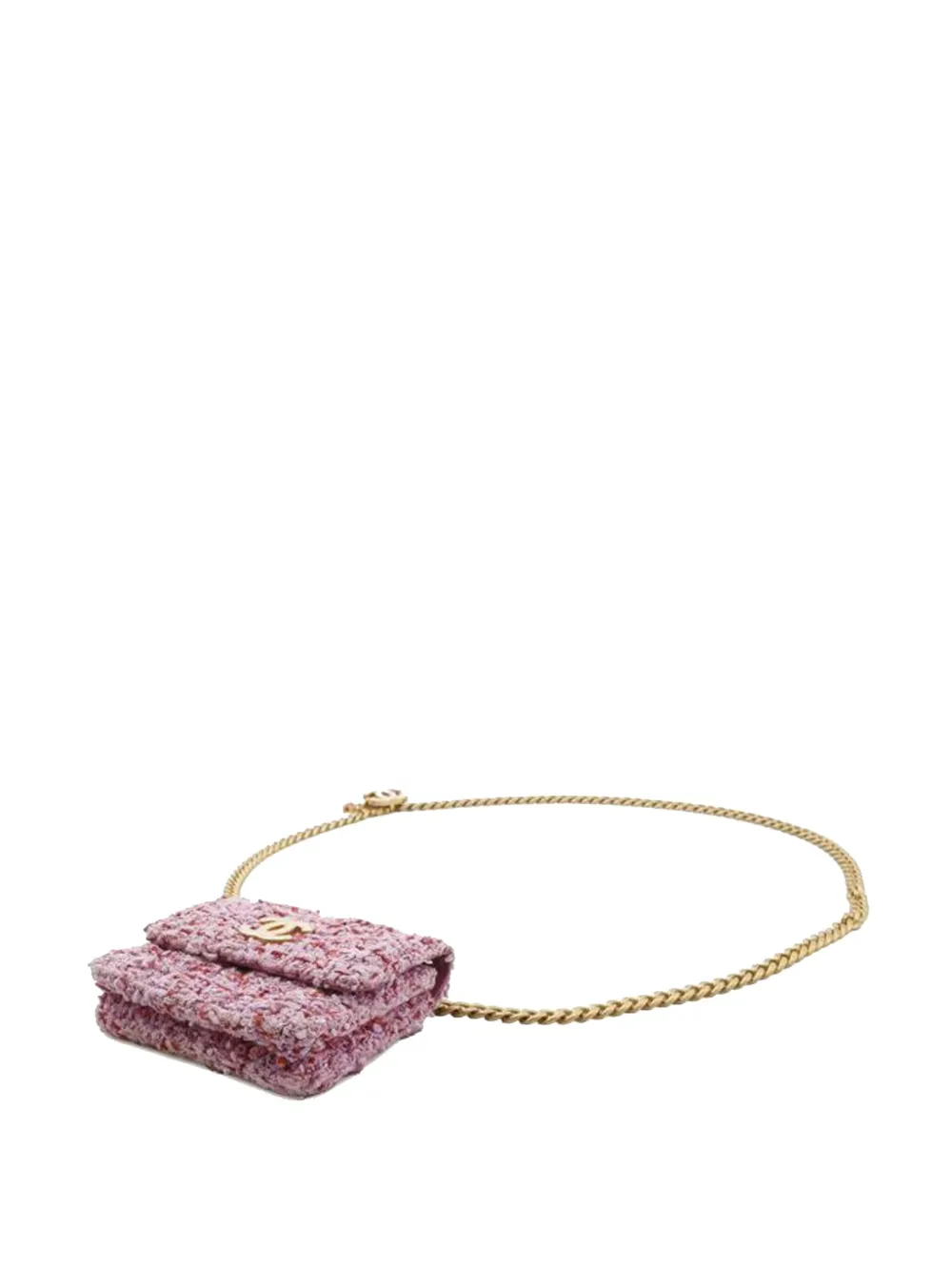 Pre-owned Chanel 2021 Cc Quilted Tweed Flap Chain Belt Bag In Pink