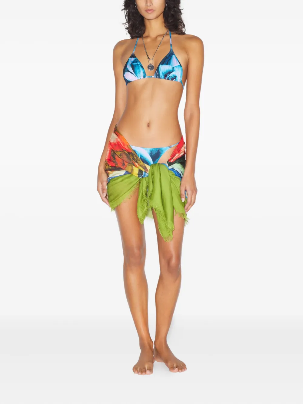 Jean Paul Gaultier Le Paréo Roses Print Fringed Skirt In Green