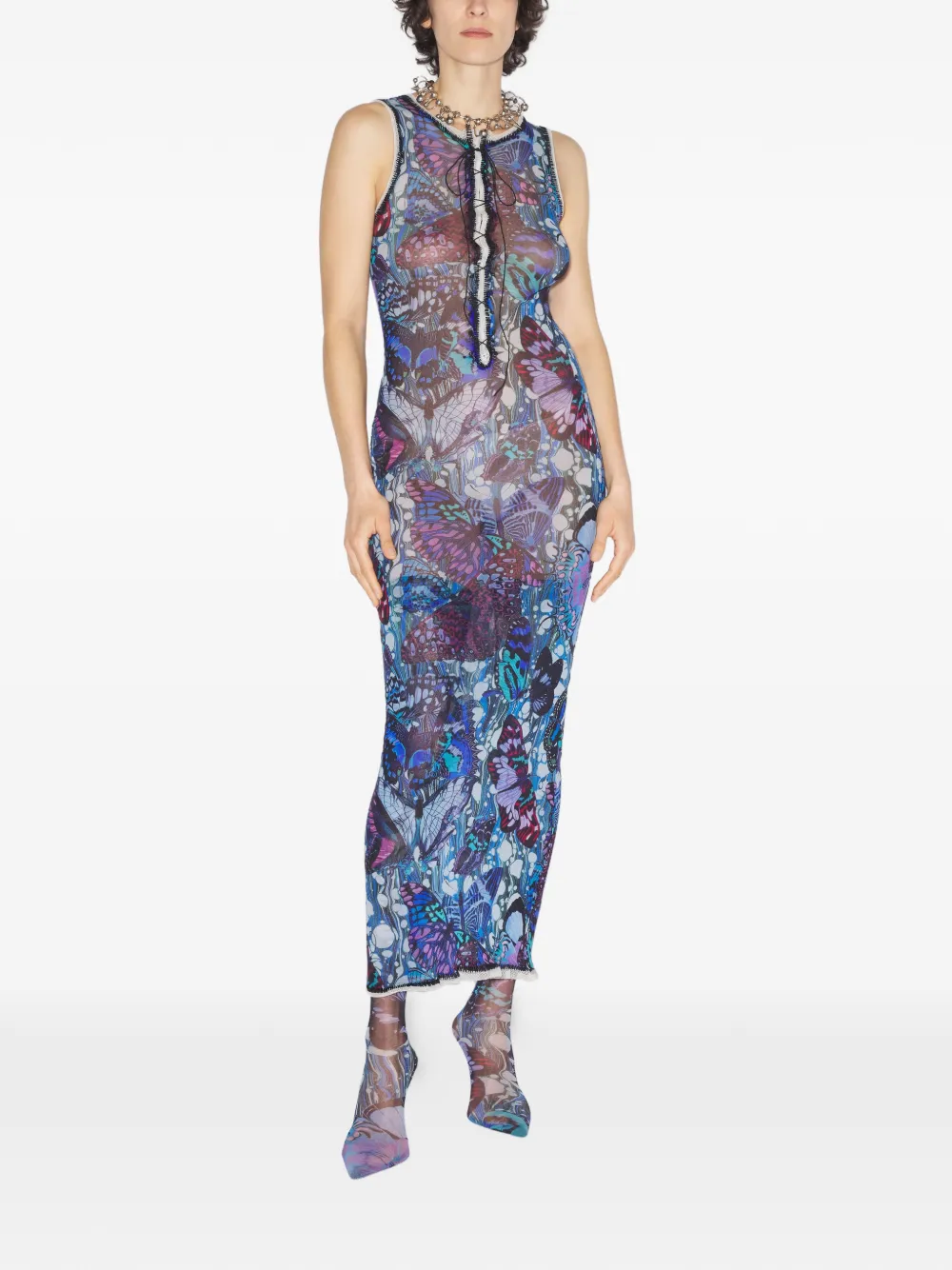 Jean Paul Gaultier Mesh jurk met print en kant - Blauw