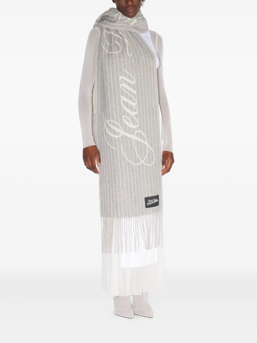 Jean Paul Gaultier pinstripes fringed scarf | Grey | Image 1