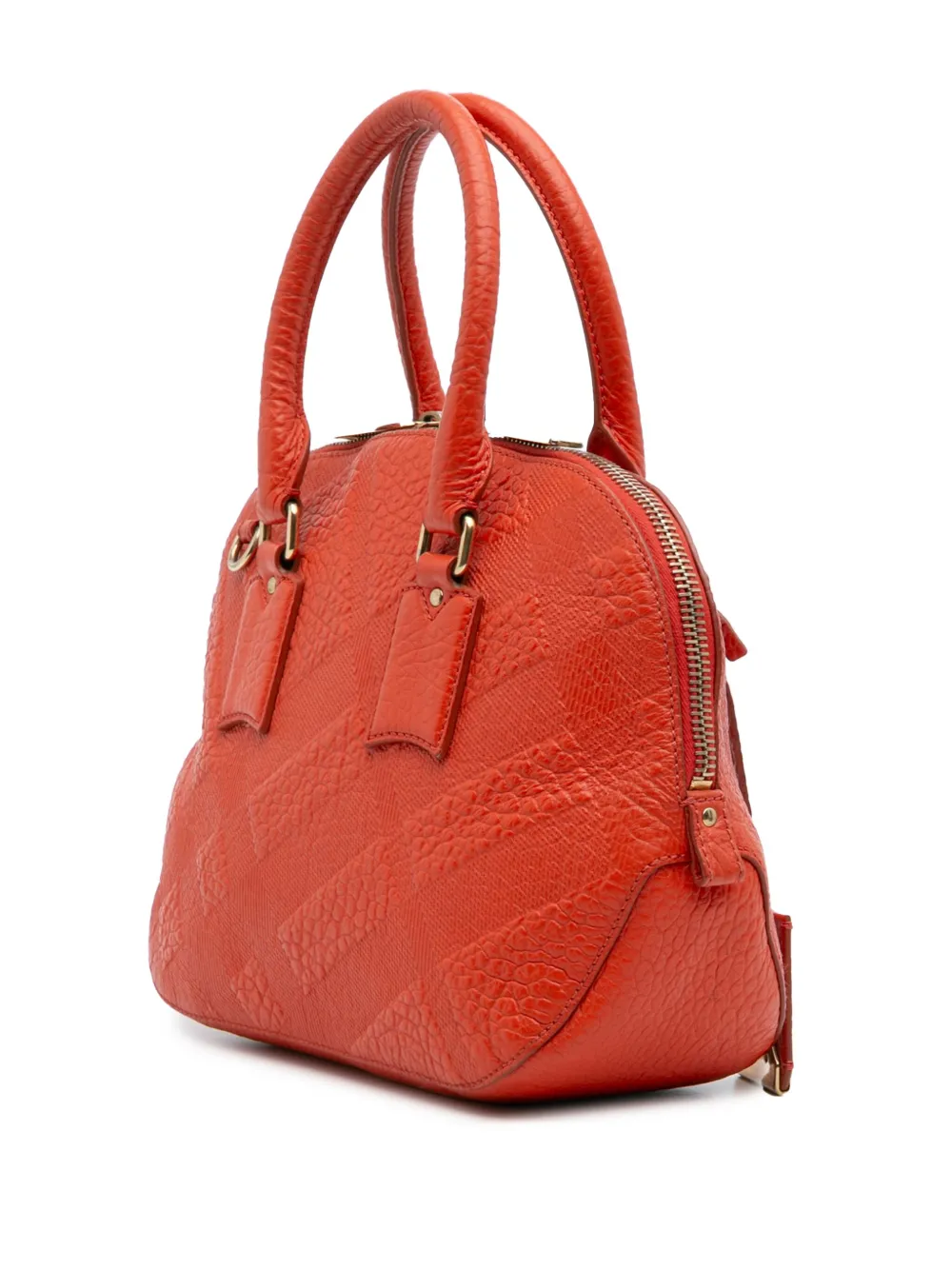 Burberry Pre-owned 2015-2025 Small Heritage Grain Check Embossed Leather Orchard Bowling Bag Satchel - Orange 