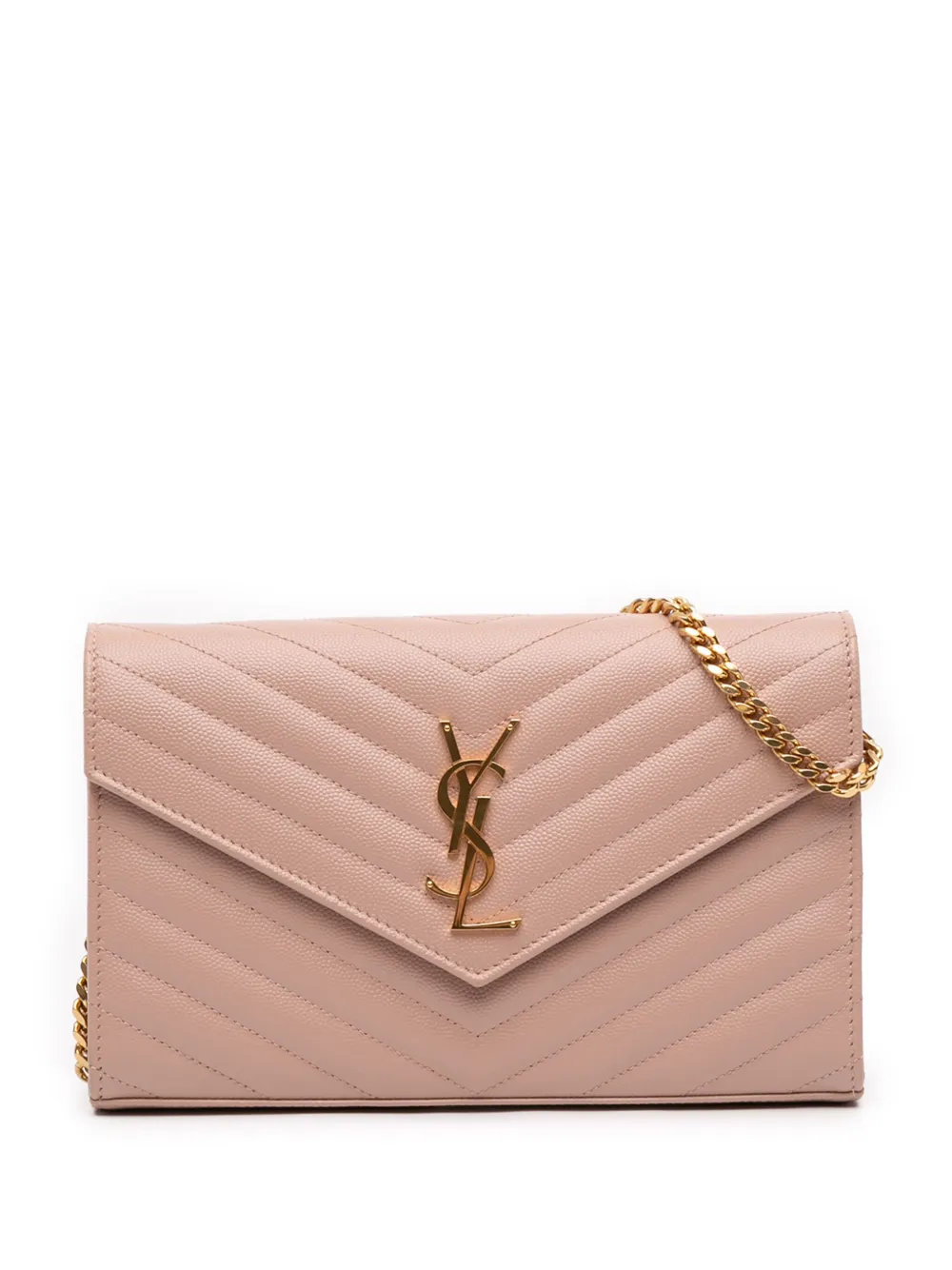 Pre-owned Saint Laurent 2018 Grain De Poudre Matelasse Chevron Monogram Chain Wallet Crossbody Bag In Pink