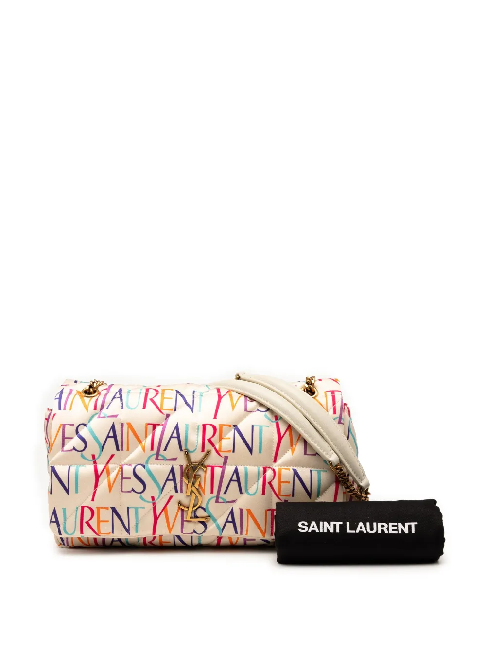 Pre-owned Saint Laurent 2022 Medium Silk Carre Rive Gauche Print Patchwork Jamie Shoulder Bag In White