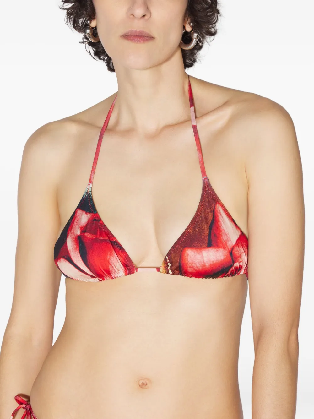 Jean Paul Gaultier Printed Roses Tie Bikini Top In Red