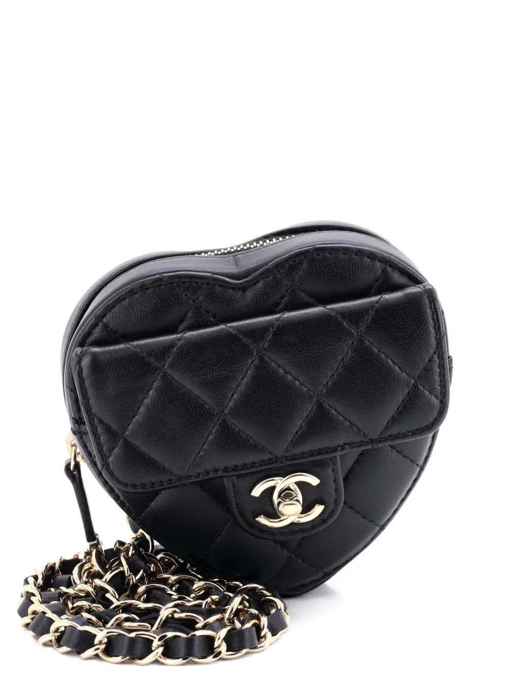 Pre-owned Chanel Cc In Love Heart Quilted Lambskin Belt Bag In Black