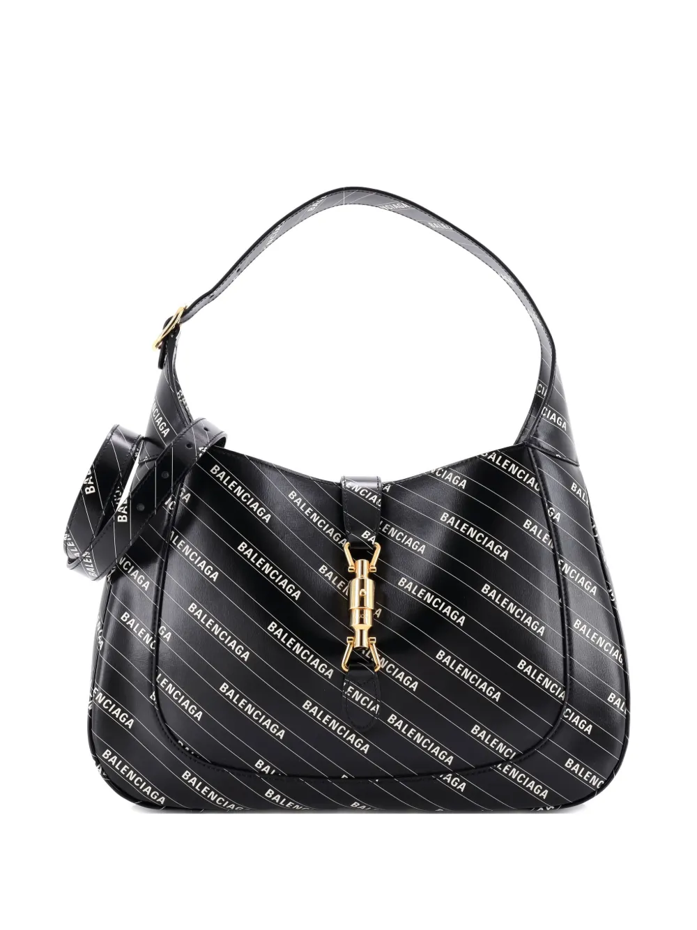 Pre-owned Gucci X Balenciaga The Hacker Project Jackie 1961 Printed Leather Medium Hobo Bag In Black