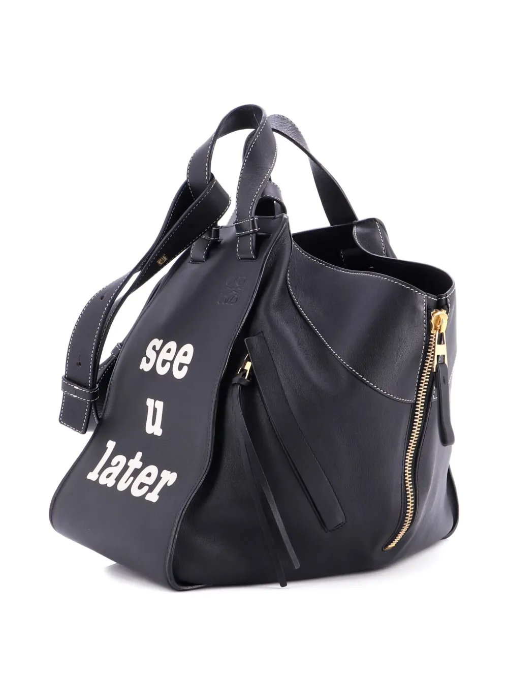 Pre-owned Loewe Hammock Bag Printed Leather Medium Satchel In Black