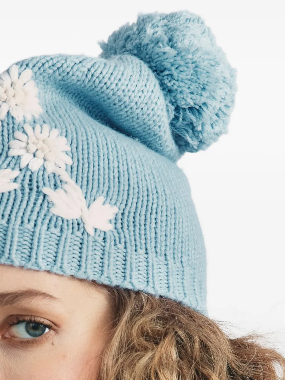 LoveShackFancy pompom floral-embroidered beanie hat - Blauw